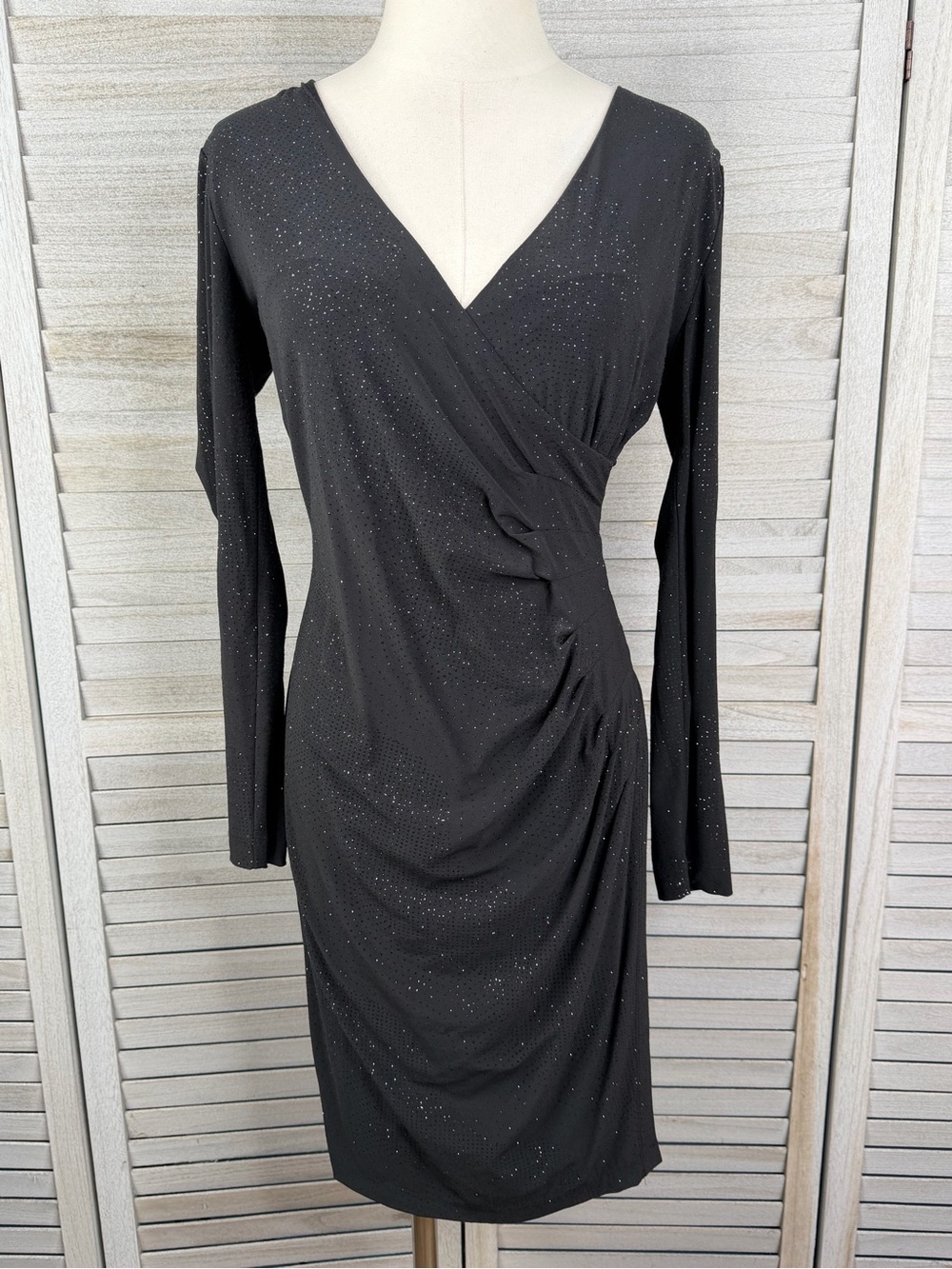 CALVIN KLEIN Women's Black Metallic Faux Wrap Long Sleeve Cocktail Dress-6